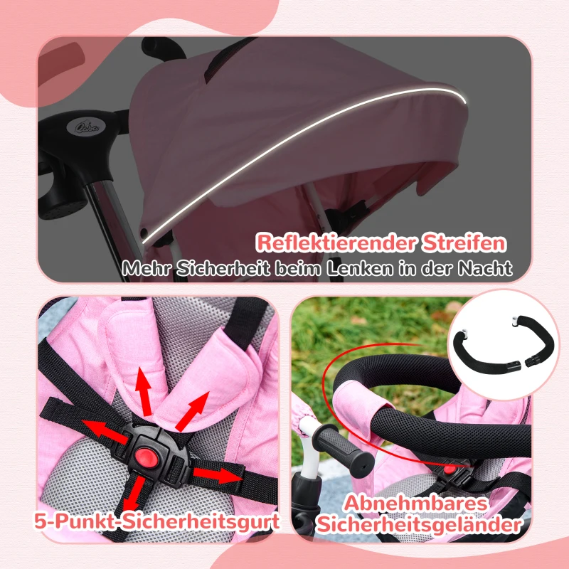 HOMCOM Triciclu pentru copii 6-in-1 cu mâner de împingere, acoperiș, centură, coș de depozitare, 18+ luni, Roz