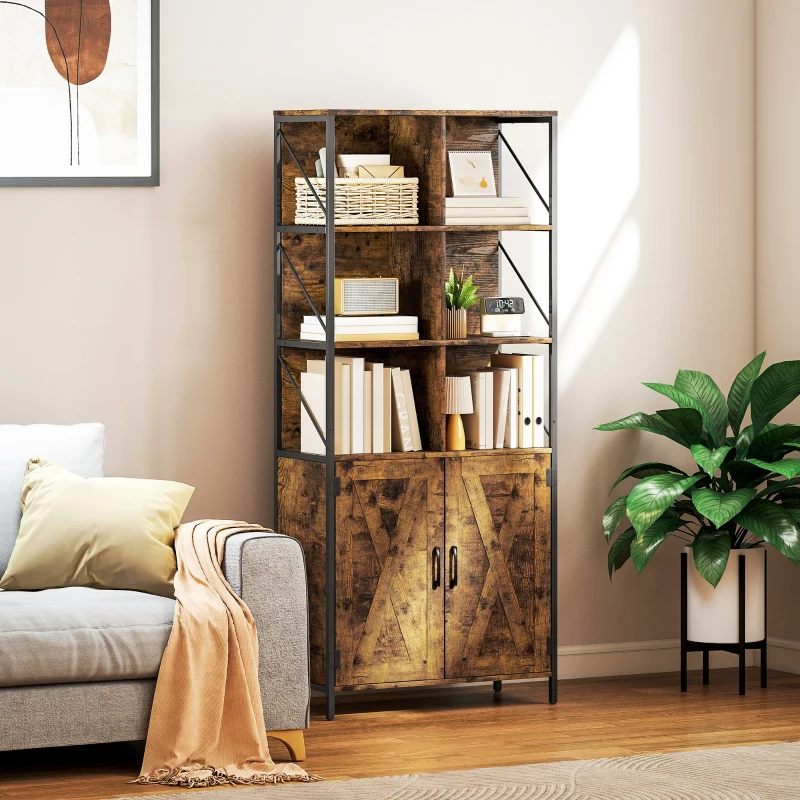 HOMCOM Estante de 6 Níveis Estante de Livros com Compartimentos Abertos 2 Portas Estilo Industrial 75x34x172 cm Castanho Rústico