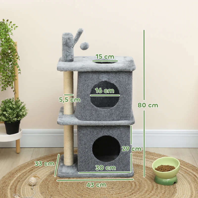 PawHut Árbol para gatos de 3 niveles torre para gatos 2 cuevas y superficie de descanso confortable, bola 43 x 33 x 80 cm gris oscuro