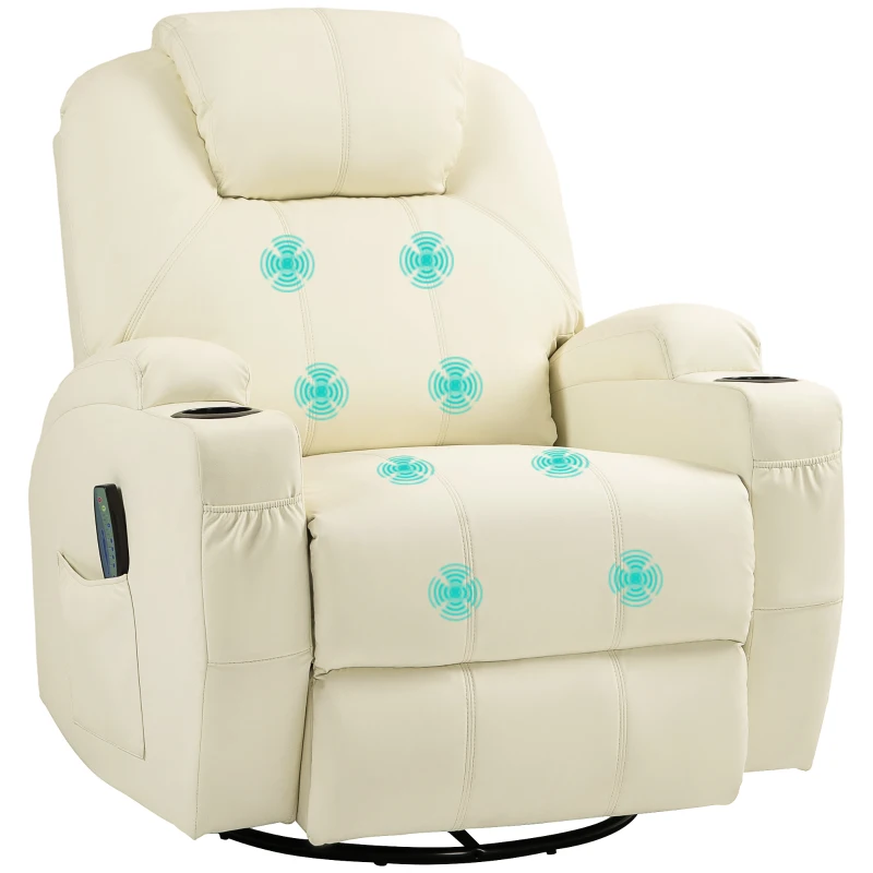 HOMCOM Scaun de relaxare cu funcție de masaj, spătar ajustabil, bază rotativă, până la 150 kg, piele ecologică, Crem