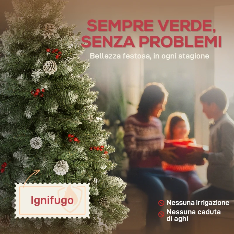 HOMCOM Albero di Natale Alto 150 cm da Interno con 398 Rami, Pigne e Bacche Rosse, Base in Metallo, Verde