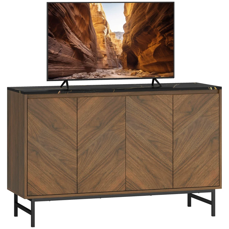 HOMCOM Meuble TV, meuble télé avec 4 portes, plateau effet marbre, étagères réglables, 120x39x76cm, noyer