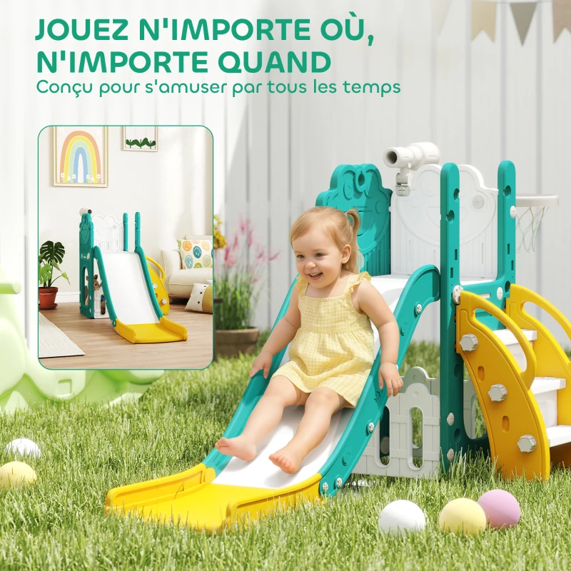 AIYAPLAY Toboggan pour tout-petits 5 en 1 toboggan autoportant pour enfant avec panier de basket, télescope, 178x70x86cm, jaune