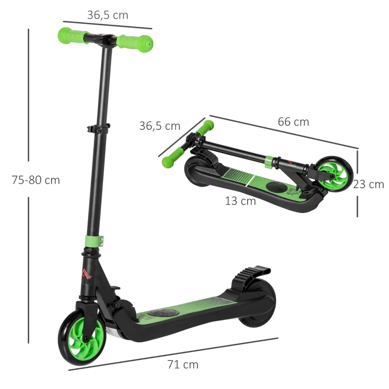 HOMCOM Trotinete Elétrico para Crianças 6 Anos+Dobrável Scooter Elétrico Velocidade 8 Km/H 71x36,5x75-80cm Alumínio Aço Verde
