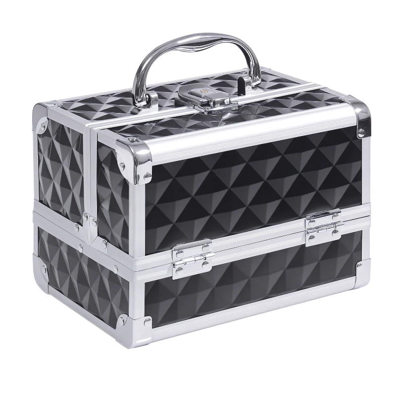 HOMCOM Geantă de machiaj depozitare la 3 nivele cu oglindă lacăt cu 2 chei dim. 20L x 15l x 15H cm negru