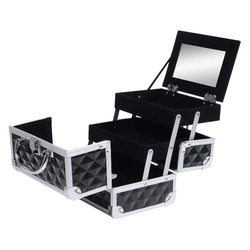 HOMCOM Geantă de machiaj depozitare la 3 nivele cu oglindă lacăt cu 2 chei dim. 20L x 15l x 15H cm negru