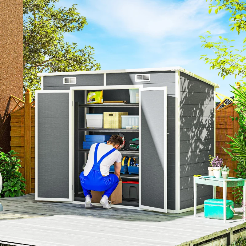 Outsunny 2,4 x 1,3 m Tuinschuur, Kunststof Tuinhuis met Bodem, Raam, Afsluitbare Deuren, voor Tuin, Terras, Grijs