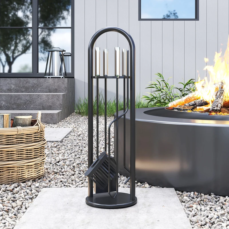 Outsunny Haardgereedschap 5-delig – bezem, schep, haak, tang & standaard, zwart