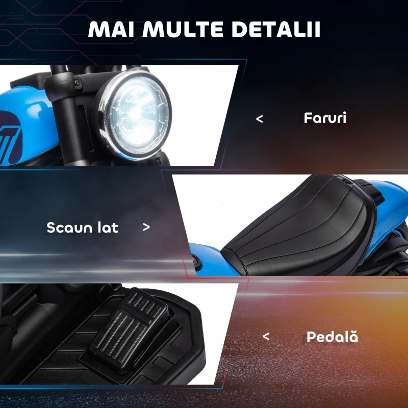 HOMCOM Motocileta Electrica de 6V cu Roti de Antrenament, Motocicleta Electrica Alimentata cu Baterii pentru Baieti si Fete, cu un Singur Buton de Pornire, Pedala, Far, pentru 18-36 luni, Albastru
