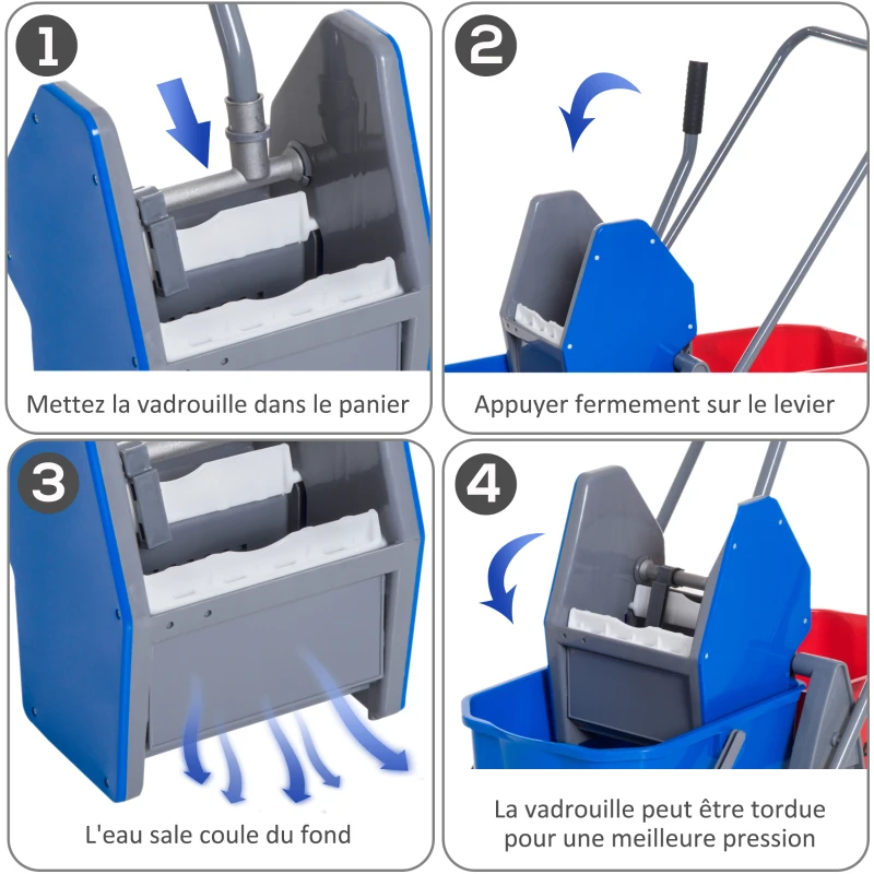 HOMCOM Chariot de lavage chariot de nettoyage professionnel presse à mâchoire 2 seaux 25 L 73L x 45l x 92H cm plastique gris bleu rouge