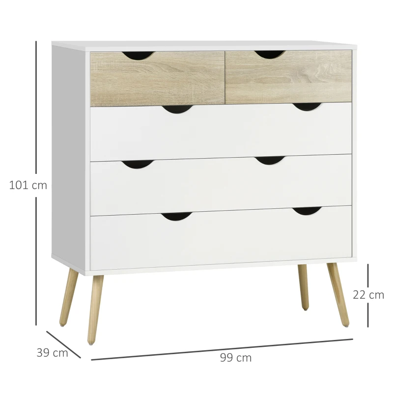 HOMCOM Comodă 5 sertare design scandinav mobilier depozitare cameră placă particule 99 x 39 x 101 cm alb aspect stejar deschis