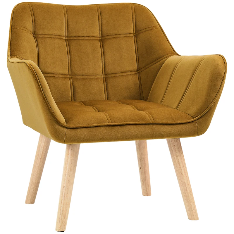 HOMCOM Fotoliu Tapitat, Fotoliu Cu Accente, Design Nordic, Efect De Catifea, până la 120 kg, picioare din lemn de cauciuc, Galben