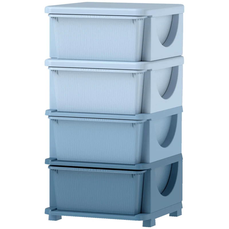 HOMCOM Cutii de depozitare pentru copii, 4 sertare, margini rotunjite, design ridicat, plastic, albastru