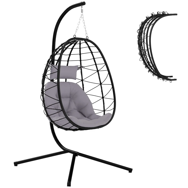 Outsunny Hanging Egg Chair Outdoor Indoor Garden Swing Chair with Folding Basket, Thickened Cushion, Garden Hanging Chair with Stand, Headrest for Patio, Balcony, Grey