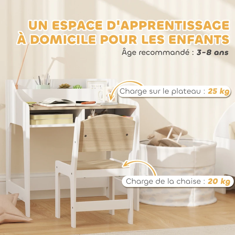 AIYAPLAY Set birou si scaun pentru copii 3-8 ani cu compartimente si rafturi deschise, efect lemn natural