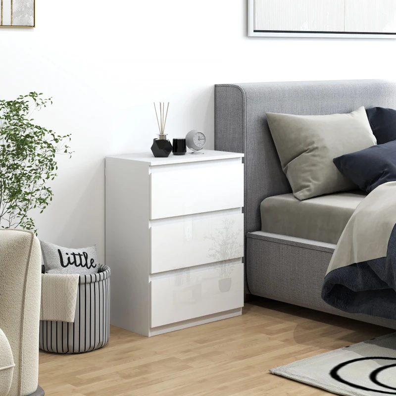 HOMCOM Comoda cu 3 Sertare Comoda de Dormitor Moderna cu Design Anti-rasturnare 55x34x75 cm Alb Lucios