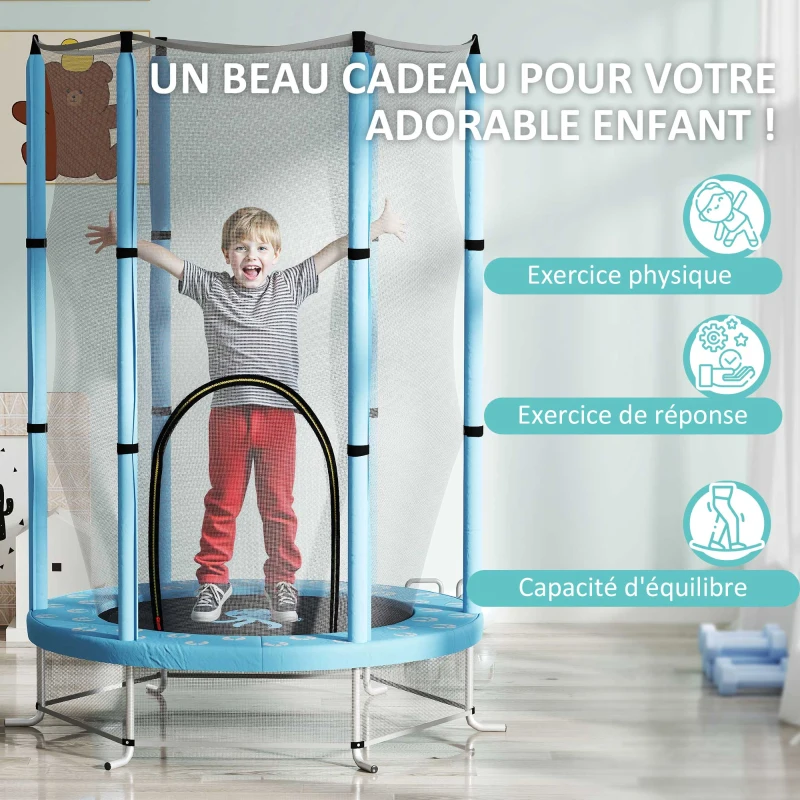 AIYAPLAY Trampolină pentru copii Ø140 cm, trampolină exterioară pentru copii 3-6 ani cu plasă de siguranță ușă cu fermoar bleu clair