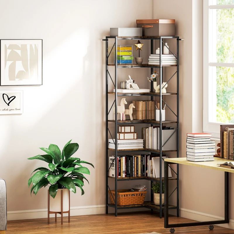 HOMCOM Estante de Canto de 7 Níveis Industrial com Prateleiras 60x60x198 cm Marrom Rústico