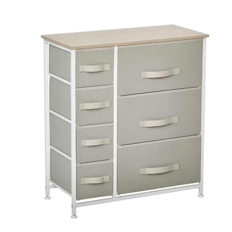 HOMCOM Comodă, Bufet, 7 sertare pliabile din material textil, Structură metalică, 63,5 x 30 x 71 cm, Gri deschis