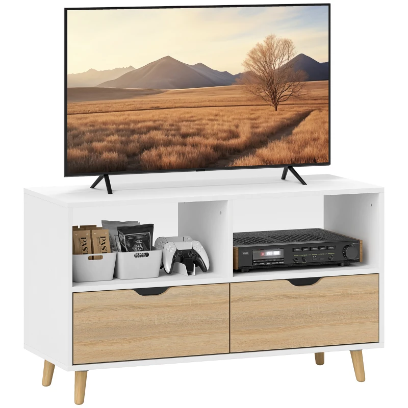 HOMCOM TV-bench, TV-kommod cu sertare, rafturi deschise, lemn, 99 x 39 x 58 cm, Alb