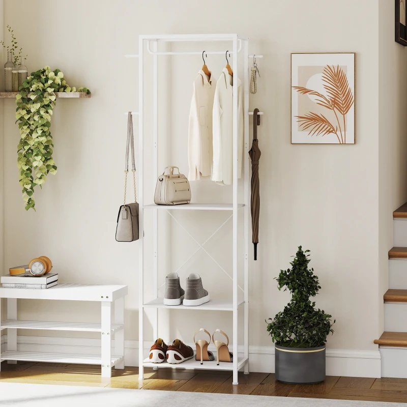 HOMCOM Cabide Cabide de Roupas com Barra de Suspensão 4 Ganchos Prateleiras 52x30x180 cm Branco