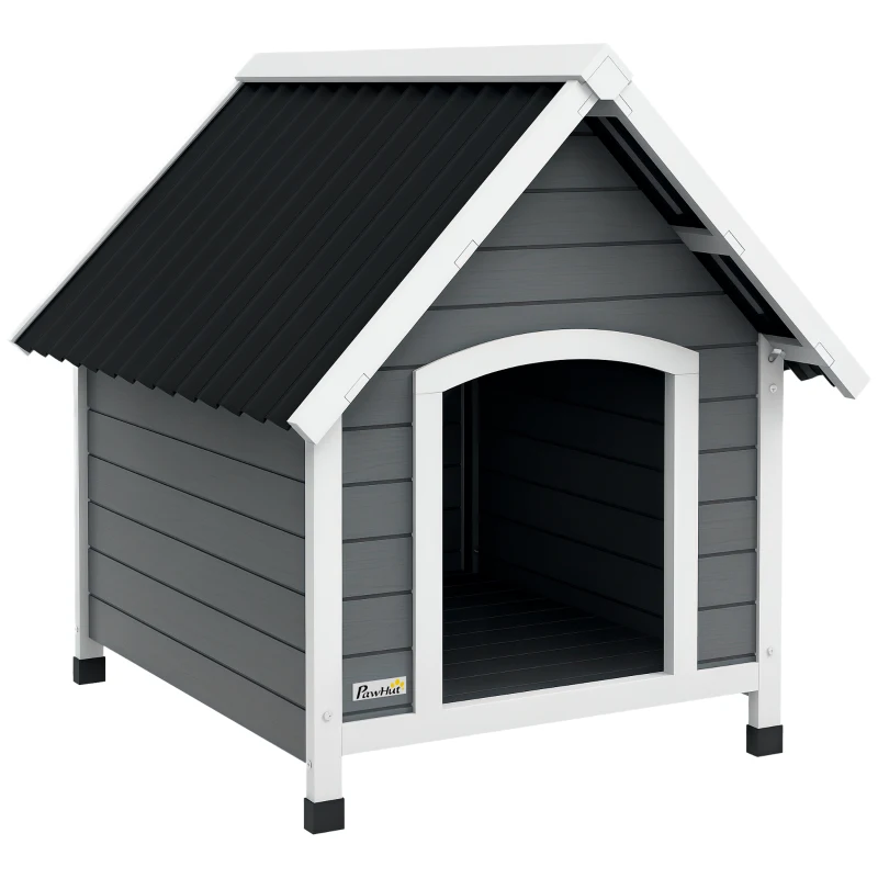 PawHut Căsuță pentru câine de exterior din lemn cu podea detașabilă, adăpost înalt din lemn pentru câini, 75 x 88 x 82 cm, gri