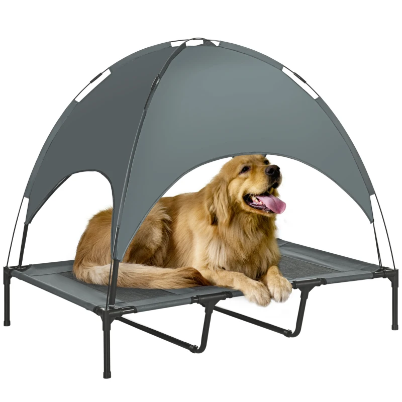 PawHut Pat pentru câini ridicat cu umbrelă, pat de camping pentru câini și pisici pe picioare din material Oxford respirabil, anti-UV cadru metalic geantă de transport inclus, spațiu de dormit pentru exterior pentru pisici 122 x 92 x 108 cm gri negru