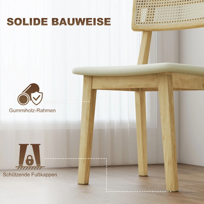 HOMCOM Esszimmerstuhl, Rattan-Rückenlehne, Kunstleder-Sitz, Kautschukholz, Naturholz