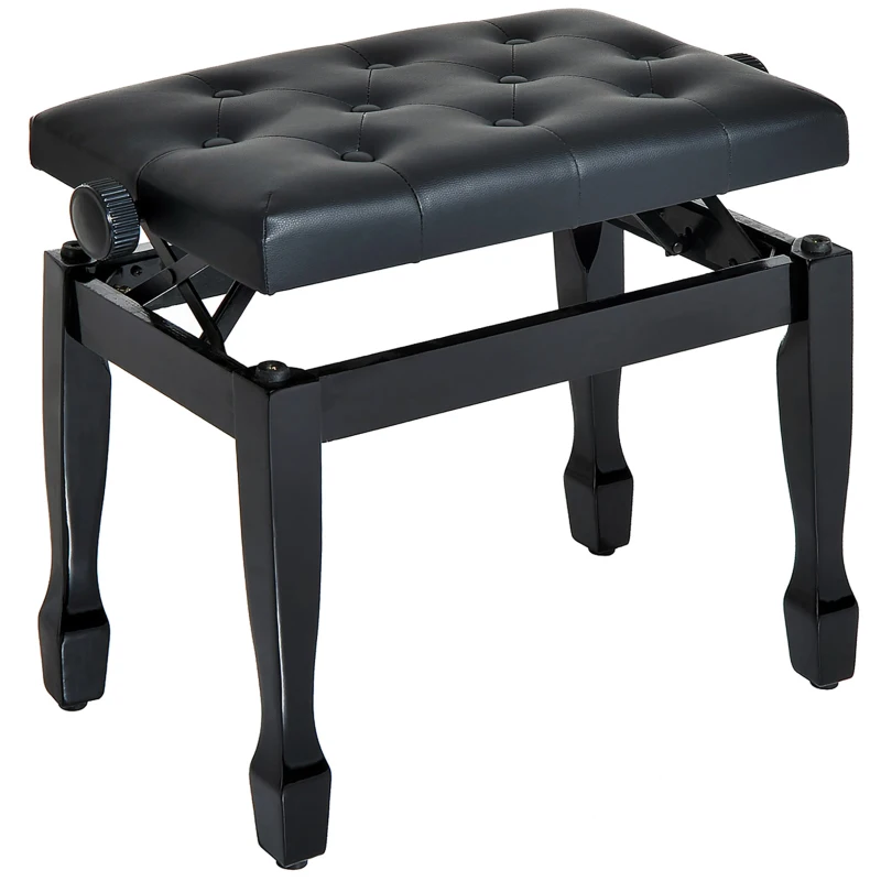 HOMCOM Banc de piano, banc de clavier réglable en hauteur en bois massif, tabouret piano avec compartiment caché, siège rembourré polyuréthane à 10 boutons, stable et antidérapant, charge 200kg, noir