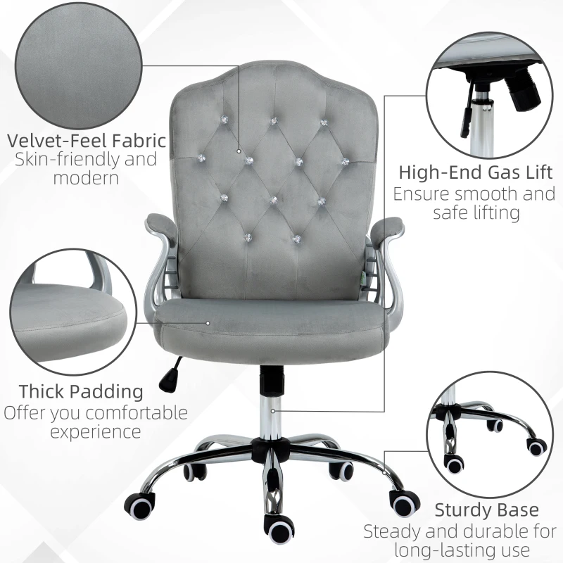 Vinsetto Velvet-Feel Work Chair, with Diamante Back - Grey