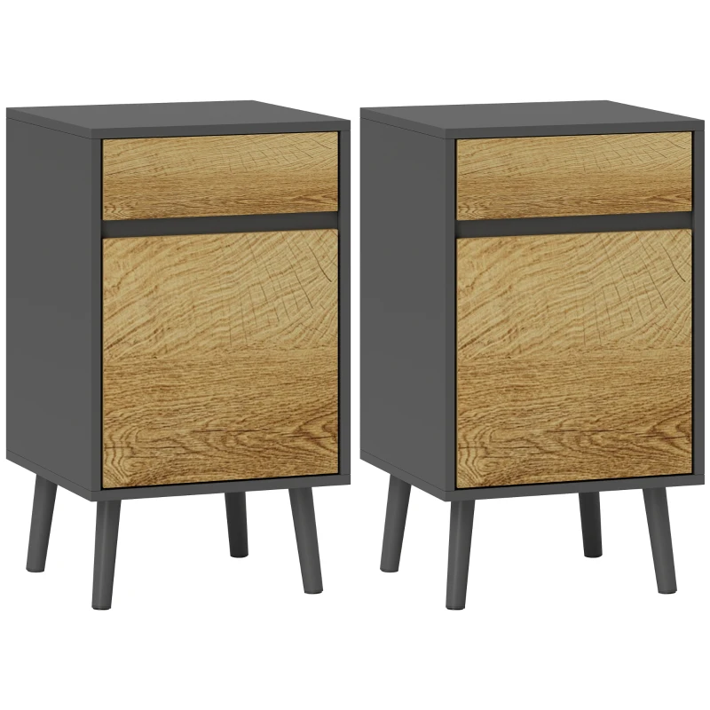 HOMCOM Lot de 2 noptiere masă de noapte cu sertare și dulap, stil modern, 40 x 39 x 69 cm, gri închis
