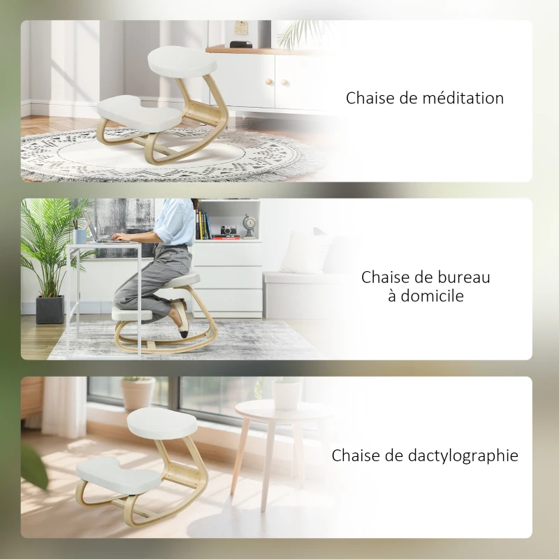 HOMCOM Siège assis genoux, siège ergonomique en bois à bascule, chaise à genoux pour bureau à domiciles, crème
