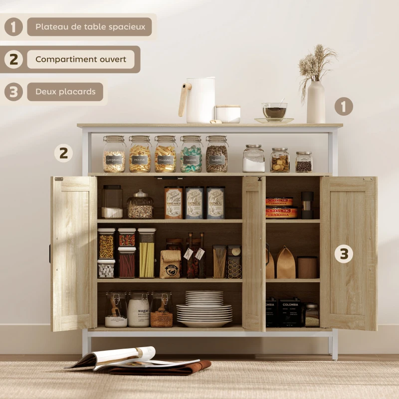 HOMCOM Buffet, meuble de rangement avec 3 portes, compartiment ouvert et 4 étagères réglables, 100 x 35 x 88 cm, bois naturel