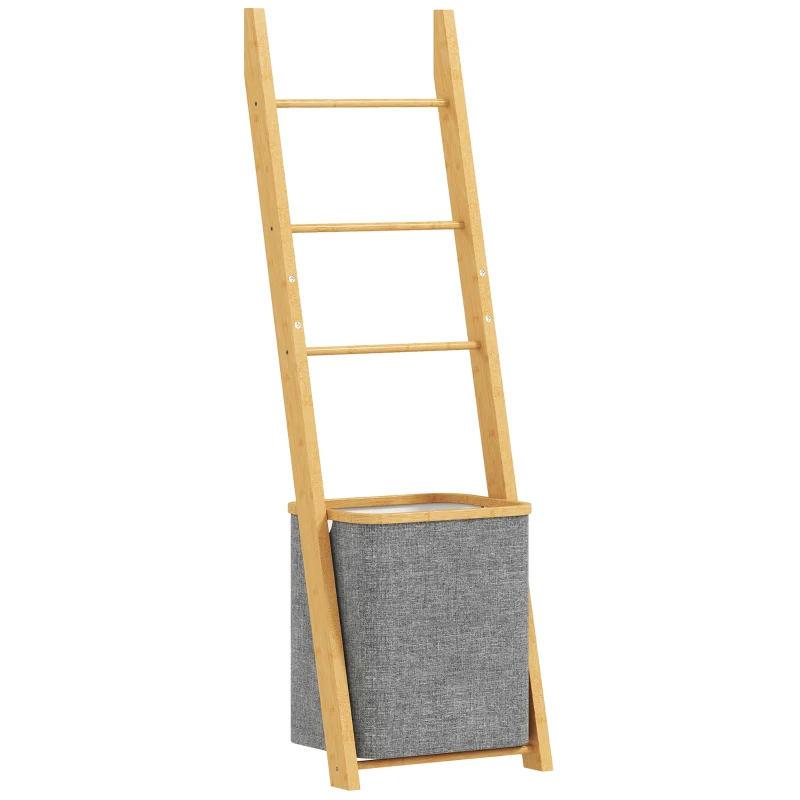 HOMCOM Estantería para Baño de Bambú Toallero de Pie con 3 Barras Cesto para Ropa Sucia Extraíble de 48 L Gris