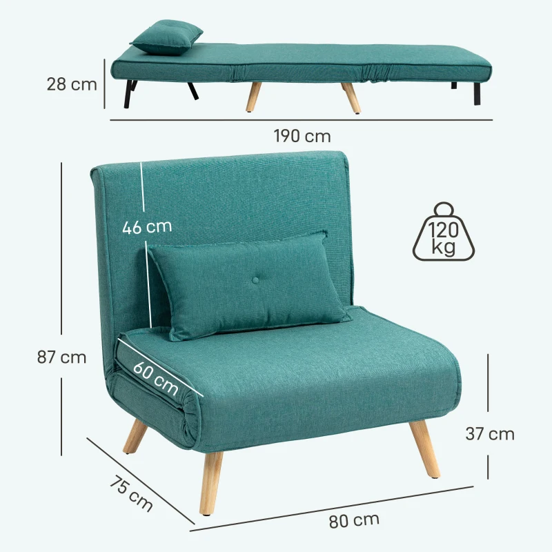 HOMCOM Poltrona Cama Conversível 1 Lugar Sofá-Cama 4 em 1 com Encosto Ajustável em 5 Posições Travesseiro Incluído Verde