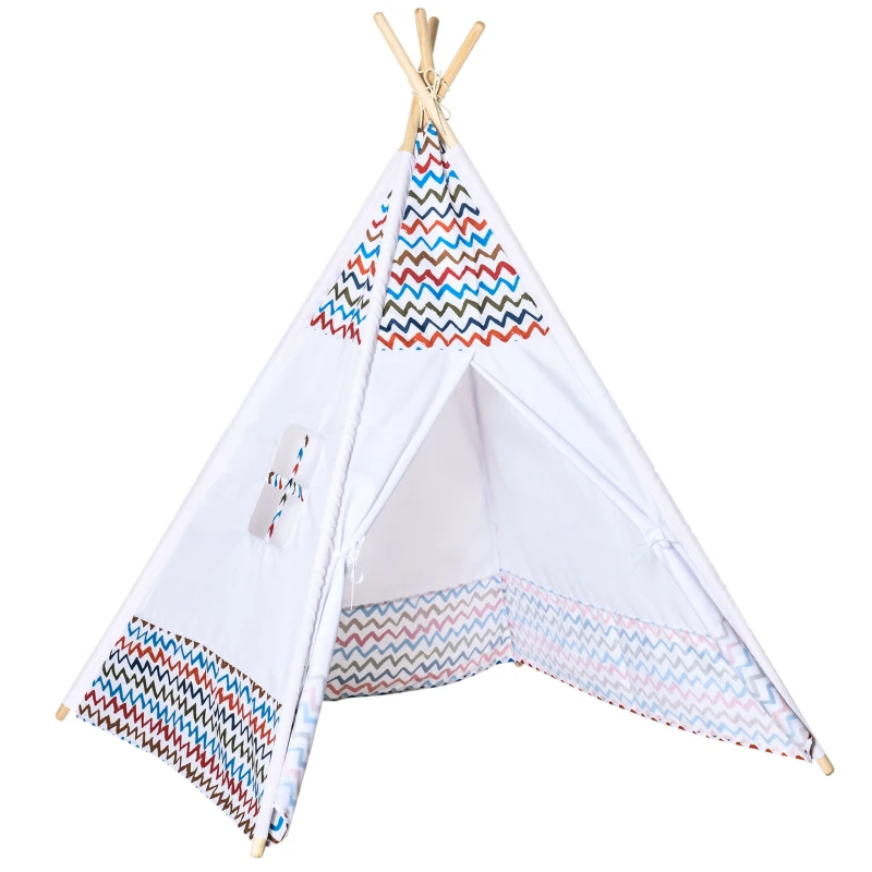 HOMCOM Cort pentru Copii de +3 Ani Tipi Infantil de Lemn Portabil cu Fereastră pentru Interior și Exterior 120x120x155 cm Alb