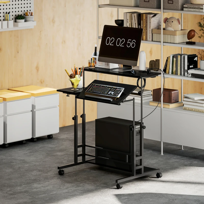 HOMCOM Schreibtisch mit Rädern Steckdosen USB-Anschlüssen Höhenverstellbar Neigbares Mittleres Panel und Ablagefach 80x60 cm Schwarz