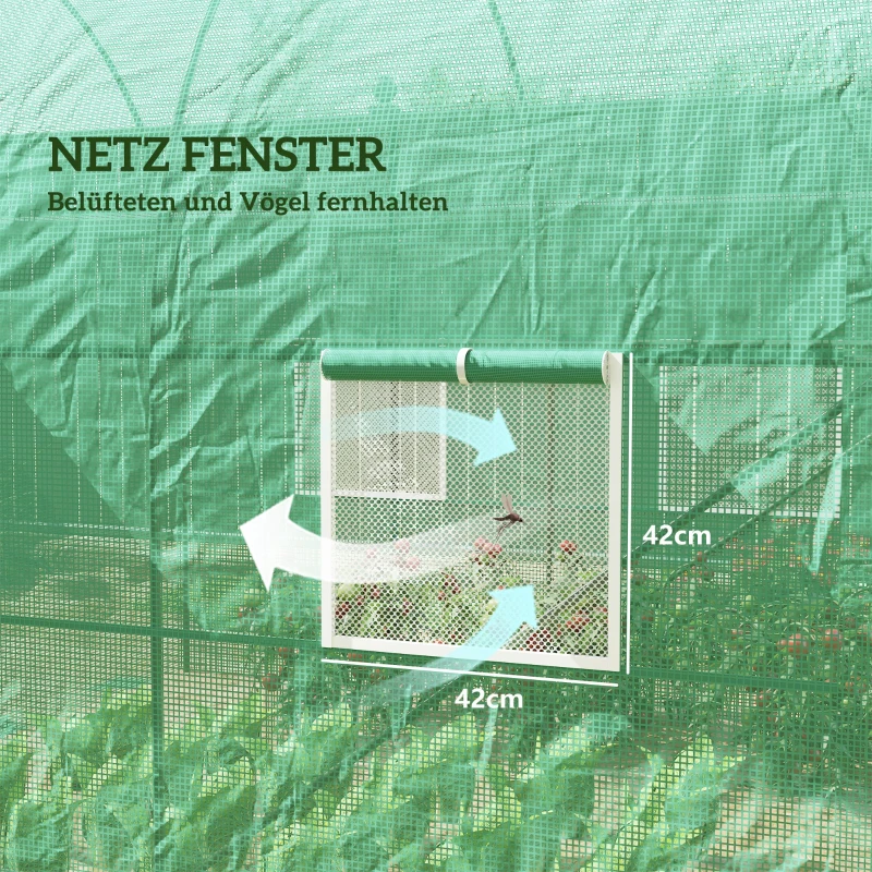 Outsunny Gewächshaus 245x200x198cm Foliengewächshaus Tomatenhaus mit Tür, 4 Fenster, Folientunnel aus verzinktem Stahl, PE, stabiles Treibhaus Pflanztunnel, inkl. Erdanker & Seilen, Grün