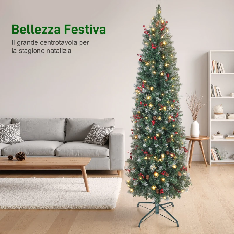 HOMCOM Albero di Natale Illuminato con 200 Luci LED, 42 Pigne e 42 Grappoli di Bacche, Ø65x180 cm, Verde e Argento