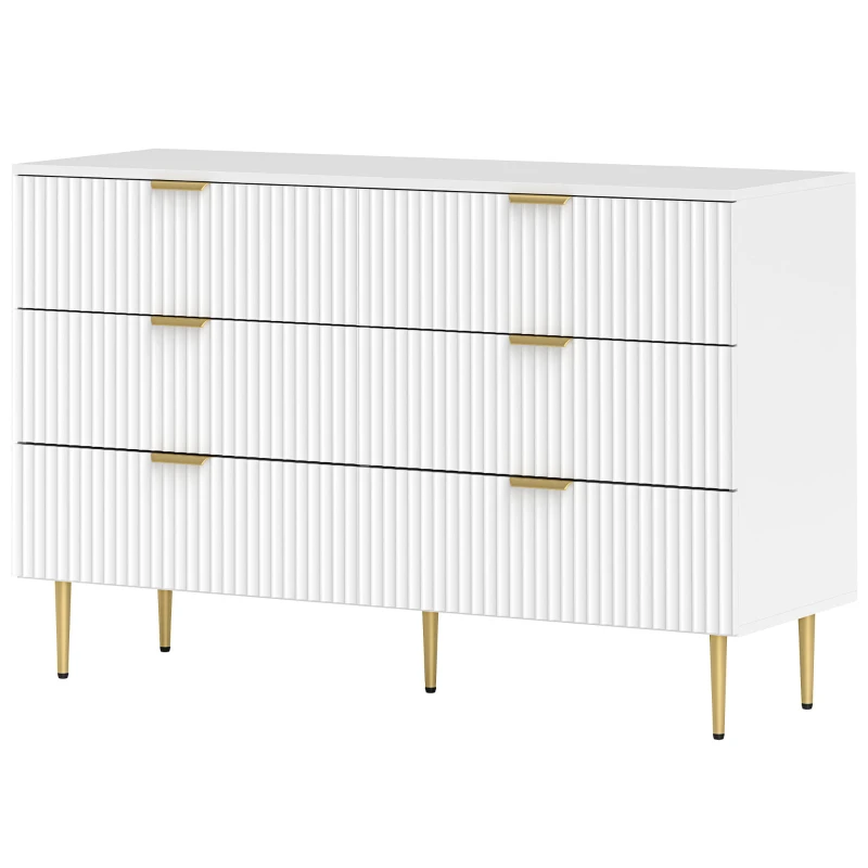 HOMCOM Comodă 6 sertare, Dulap de depozitare modernă cu mânere și picioare aurii, Mobilier de hol, 120 x 40 x 76,5 cm, alb