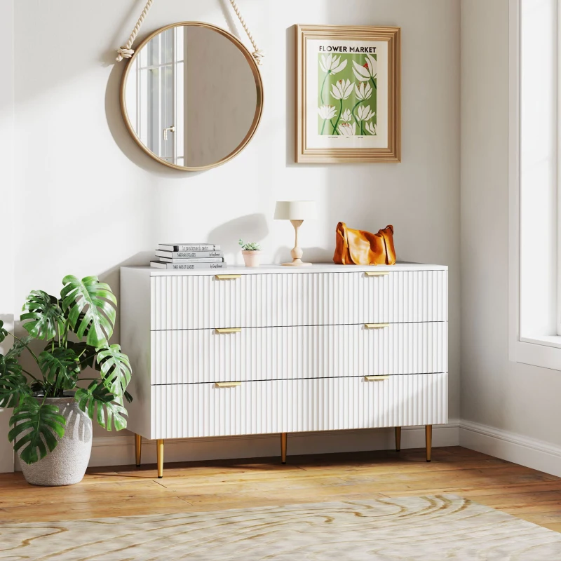 HOMCOM Comodă 6 sertare, Dulap de depozitare modernă cu mânere și picioare aurii, Mobilier de hol, 120 x 40 x 76,5 cm, alb