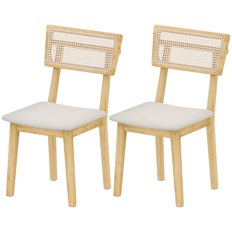 HOMCOM Lot de 2 chaises de salle à manger, chaises de cuisine avec dossier effet rotin, cadre en bois d'hévéa, bois naturel