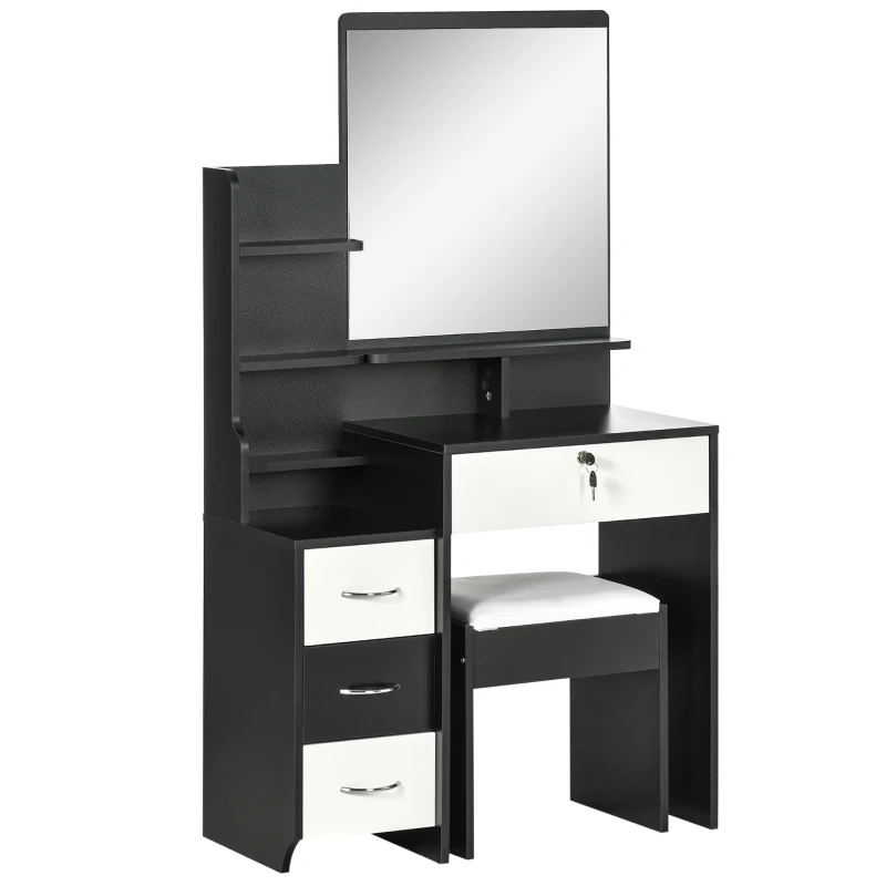 HOMCOM Set de coafare masă de machiaj cu taburet căptușit oglindă mare + mai multe rafturi deschise + 4 sertare alb negru