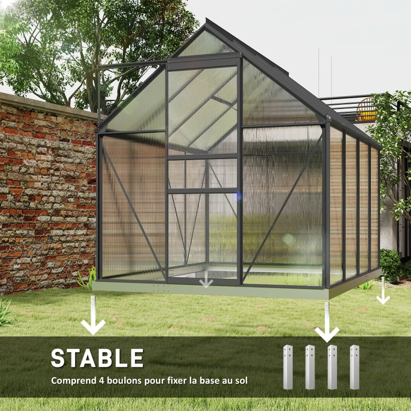 Outsunny Serre de jardin en polycarbonate 4,8 m²avec fondation, lucarne réglable, porte coulissante 1,9x2,53x1,99m transparent
