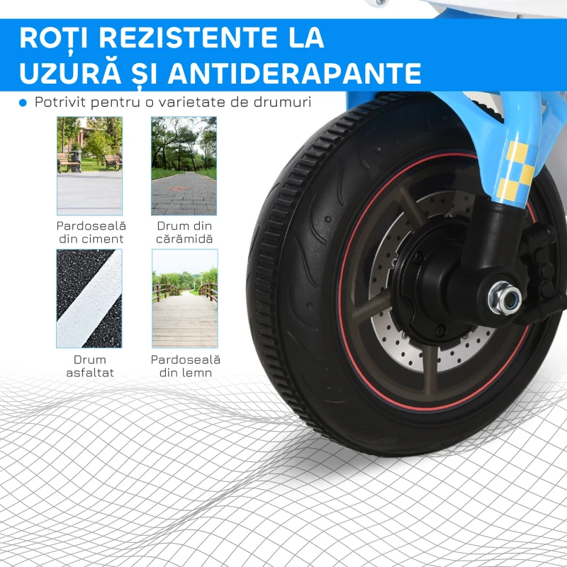 HOMCOM Motocicletă pentru Copii 18-36 Luni cu 3 Roți, Muzică și Faruri, 74x39x48 cm, Albastru Deschis