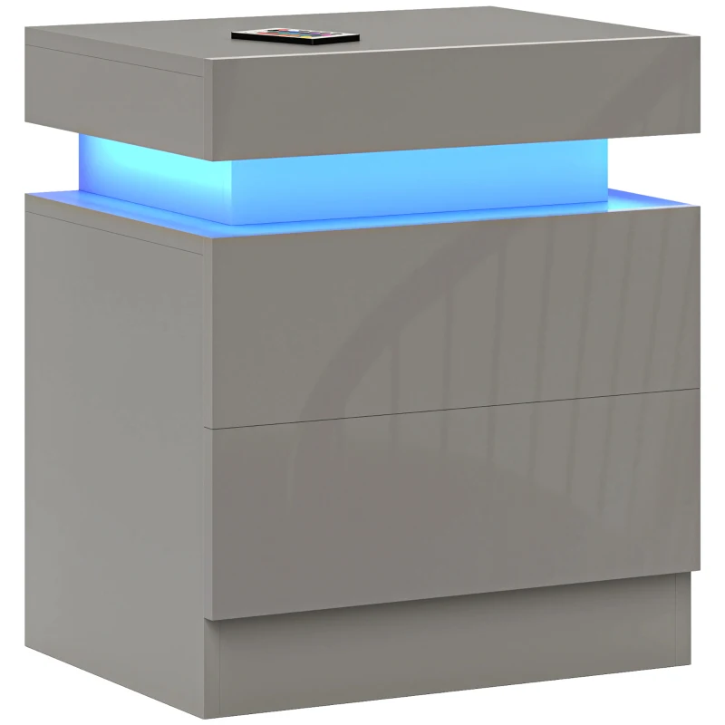 HOMCOM Mesa de Noapte cu Lumini LED 2 Sertare și Telecomandă Masă de Noapte pentru Dormitor Sufragerie 45x35x52 cm Gri