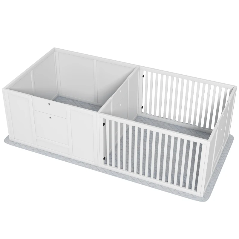 Pawhut Caixa de Parto para Cães e Filhotes Parque de Parto para Cães Porta de Altura Ajustável 166x80x50 cm Branco