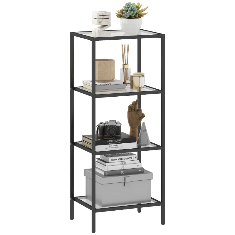 HOMCOM 4-Tier Shelving Unit, Glass Shelf, Vertical Storage Shelf for Living Room, Home Office, Bedroom, Bathroom, Black