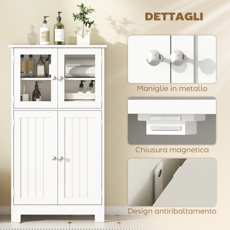 kleankin Mobiletto Bagno con due Armadietti, Ante in Vetro e Ripiano Regolabile, 60x30x108.5 cm, Bianco