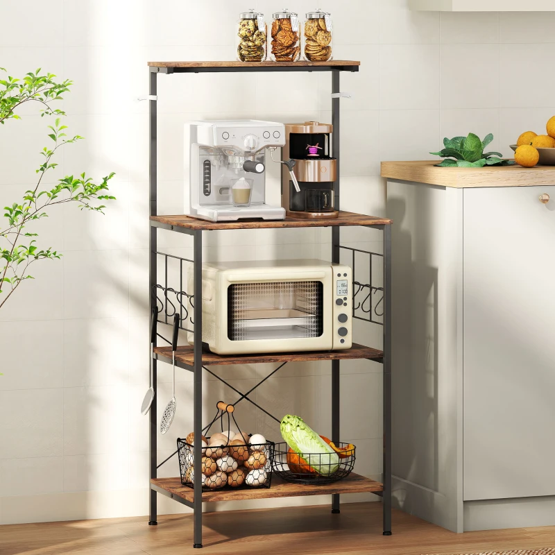 HOMCOM Estantería de Cocina, Diseño de 4 Niveles, Encimera, 8 Ganchos, Tubos de Metal, Marrón + Negro